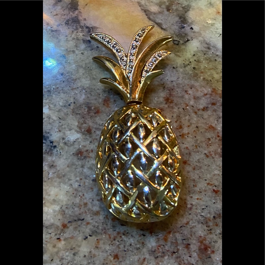 Pineapple Gold Tone And Rhinestone Brooch